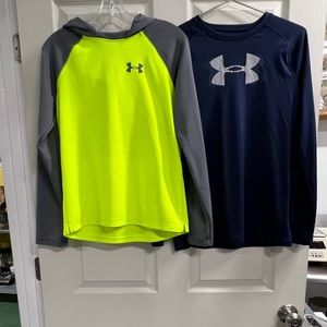 Under Armour Boys Heatgear Blue Long Sleeve Top & Neon Yellow Hoodie Top XL VGUC